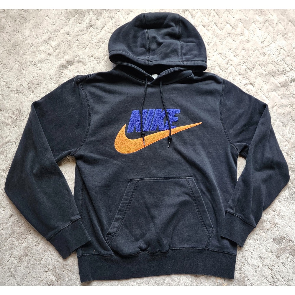 Nike Mens Chenille Logo Hoodie Black Blue Orange Swoosh Pullover Small